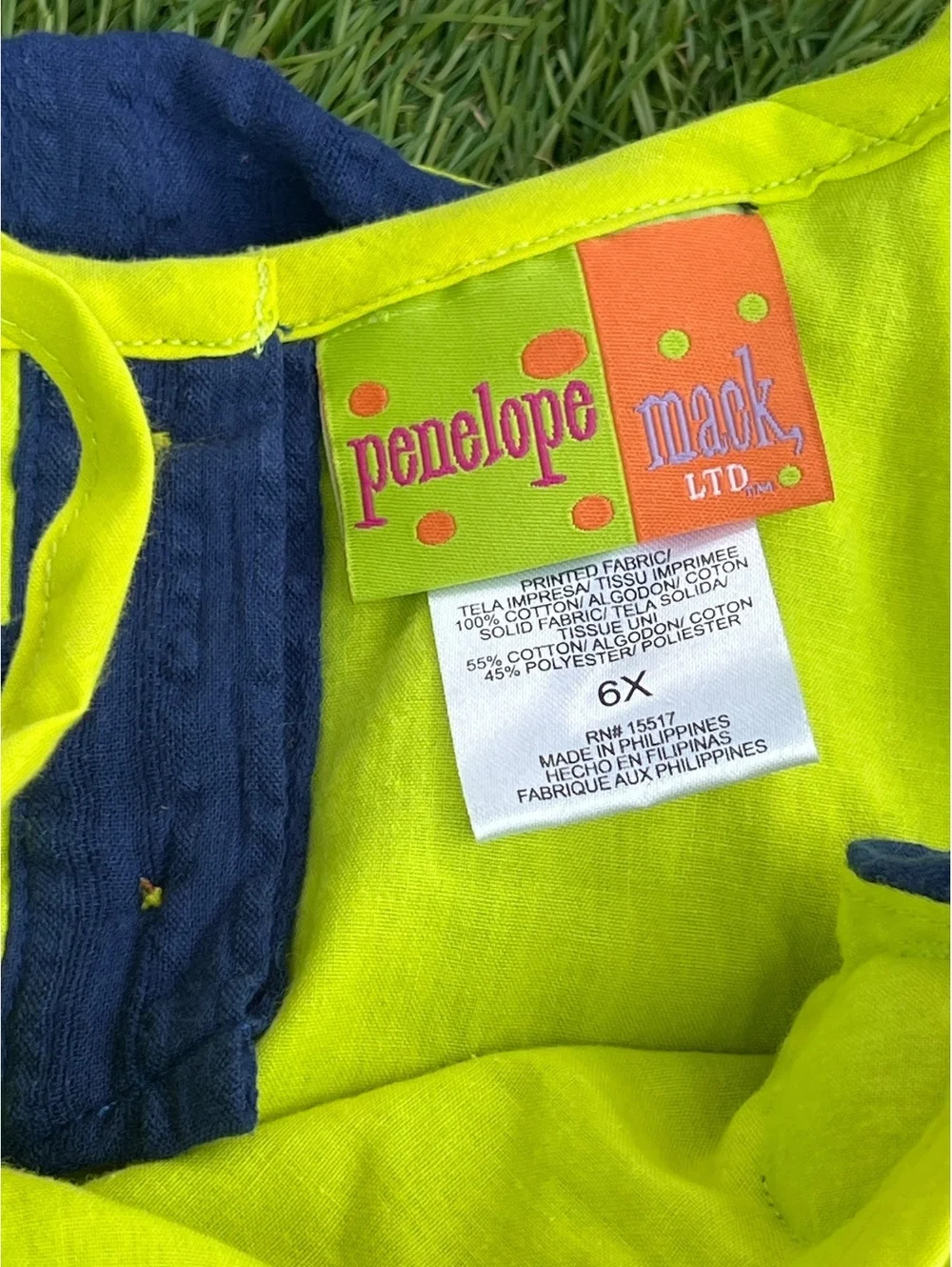 Penelope Mack Girls 6X Blue Tiered Dress with Neon Yellow Trim